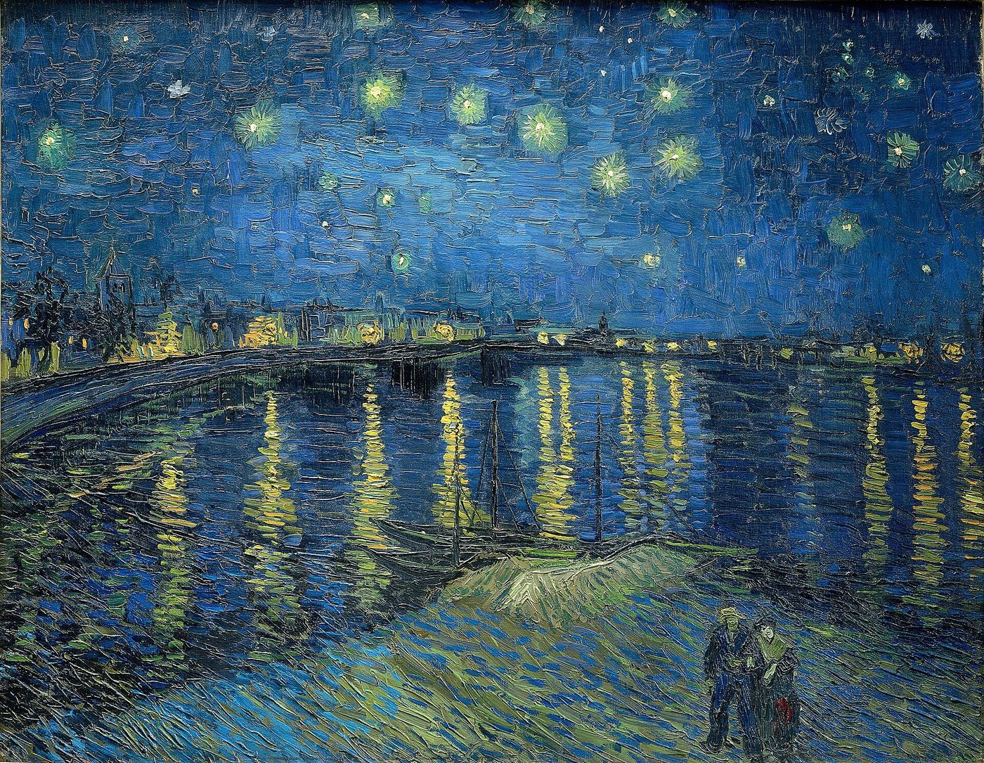 Van Gogh — night sky over calm water, lamps reflected